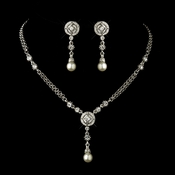 Antique Silver Clear Austrian Crystal and Diamond White Pearl Necklace & Earrings Set 8016 Antique Silver Clear Austrian Crystal and Diamond White Pearl Necklace & Earrings Set 8016