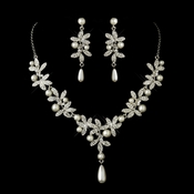 Antique Silver Diamond White Pearl Accents Necklace & Earrings Bridal Jewelry Set 8017 Antique Silver Diamond White Pearl Accents Necklace & Earrings Bridal Jewelry Set 8017