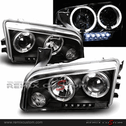 05-08 Dodge Charger Dual Halo LED Projector Headlights Black