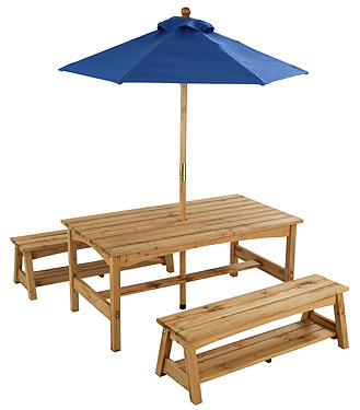 Table & 2 Benches w/ Blue Umbrella