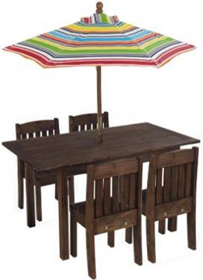 Table & Stacking Chairs with Striped Umbrella