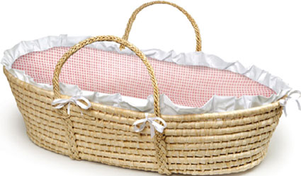 Natural Moses Basket with Pink Gingham Bedding