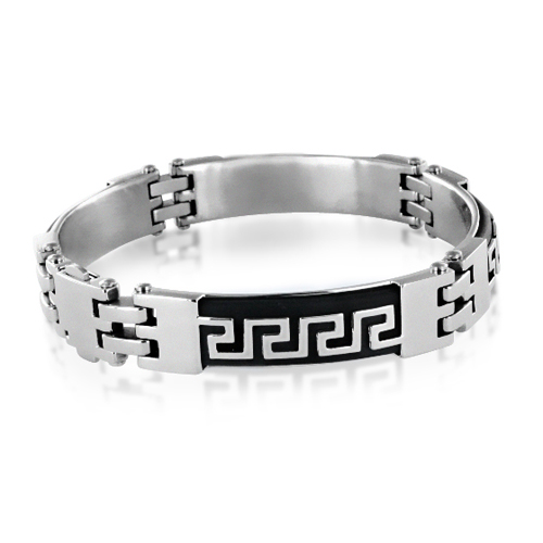 Mens Black Rubber Greek Key Stainless Steel Bracelet
