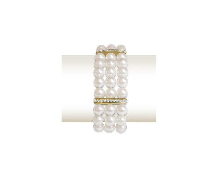 3-Row Natural Akoya White Freshwater Pearl Bracelet – 8 Inch, Gold Plated, Baroque Style