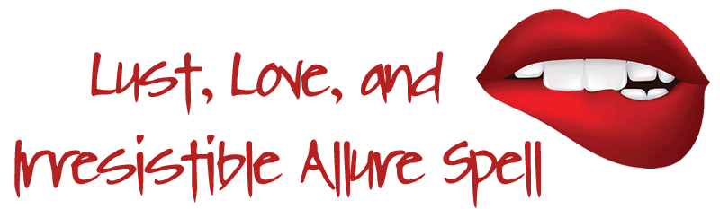 Logo for the Love, Lust, Irresistible Allure Spell, with sexy mouth biting a lower lip