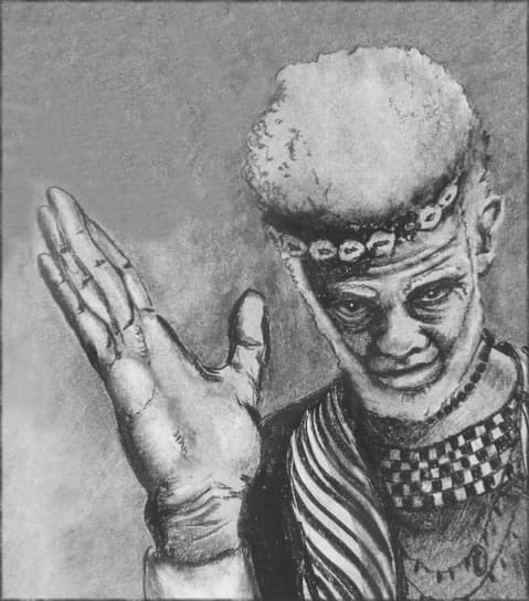 Drawing of the Obeah Man, raising his right hand