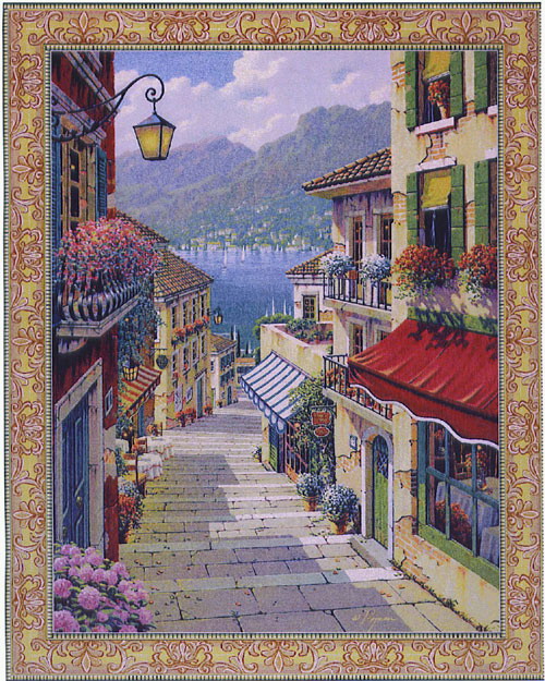 Bellagio Village Tapestry European Seascape Picture, 65in x 85in