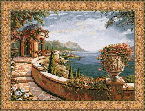 Capri Terrace Tapestry Mediterranean Seascape Scene, 46in x 61in