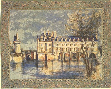Medieval Tapestry Wall Hanging Chenonceau Castle Picture, 27in x 33in