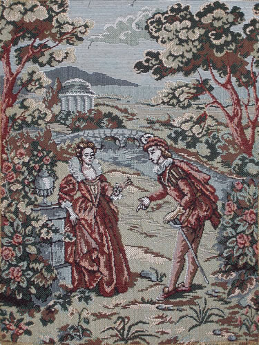 Medieval Wall Tapestry Romantic Scene In The Garden, Man & Lady, 11.2in X 14.4in