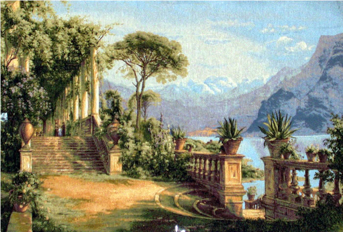 Large Belgian Tapestry Lodge At Lake Como - Mediterranean Landscape Looks Great As A Framed Picture, 43in X 30in