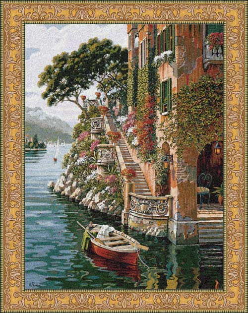 Villa At Lake Como Tapestry Mediterranean Seascape View, 85in X 66in Villa At Lake Como Tapestry Mediterranean Seascape View, 85in X 66in