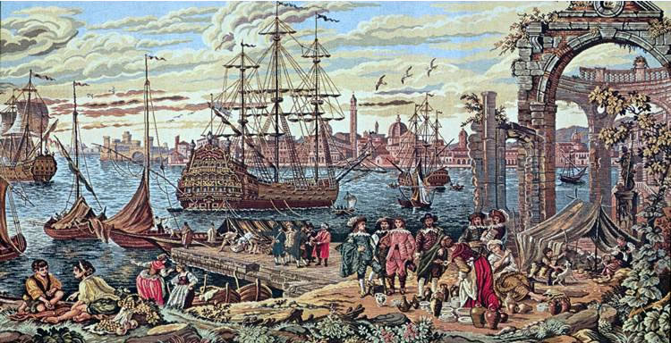 Large Medieval Tapestry Old Italian Port (From A Painting By Guardi Francesco), 26in X 41in