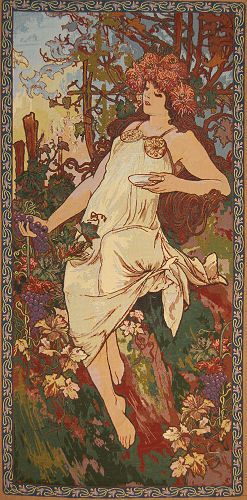 Mucha Tapestry Fall - Four Seasons By Alphonse Mucha Painting Reproduction, 26in X 54in