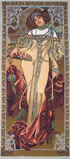 Wall Tapestry Autumn By Alphonse Mucha - Four Seasons Mucha Reproduction, 19in X 45in
