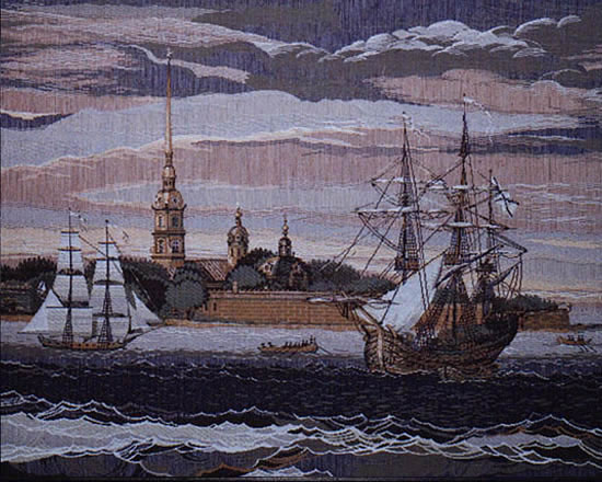 European Wall Tapestry inFortress And Sailing Shipsin, 26in X 21in European Wall Tapestry inFortress And Sailing Shipsin, 26in X 21in