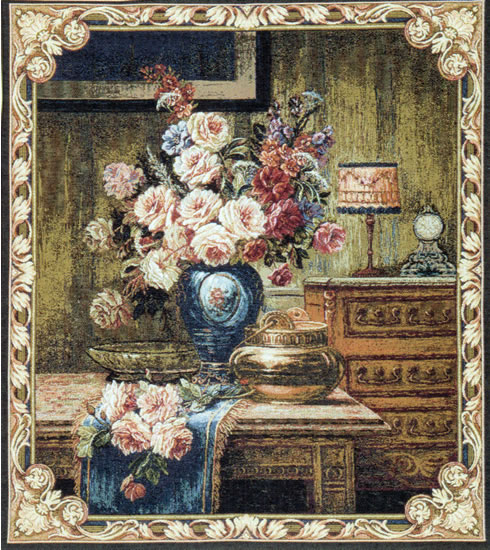 Italian Floral Tapestry Rose In Ambiente - Flowers Cream Roses Floral Vase, 30in X 25in