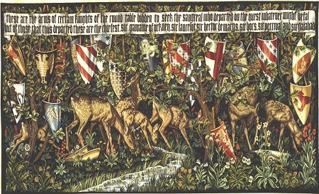 Arthurian Tapestry Verdure With Shields & Deer - Picture Of Medieval Knights - The Holy Grail, 54in x 94in