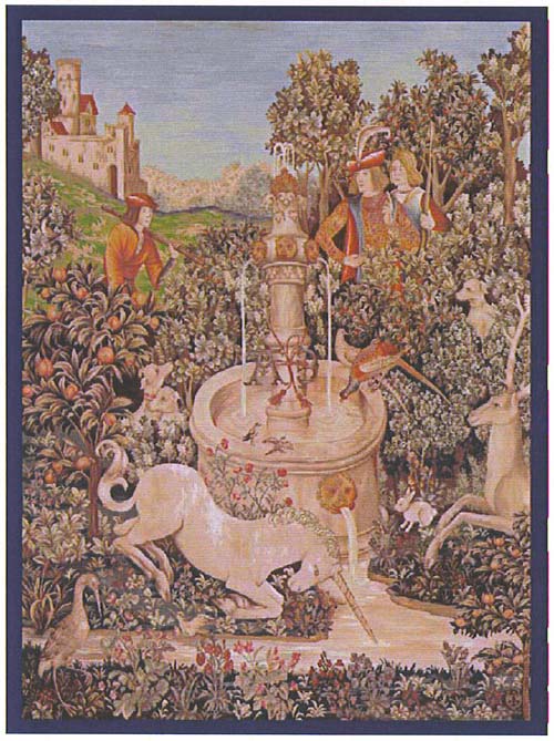 UNICORN TAPESTRY WALL HANGING - PICTURE Unicorn At The Fountain (One Of The Famous Medieval Tapestries)