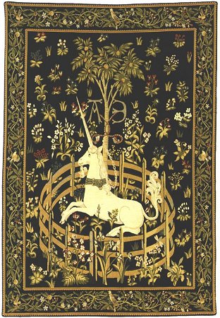 UNICORN TAPESTRY WALL HANGING - PICTURE UNICORN IN CAPTIVITY (One Of The Famous Medieval Tapestries)