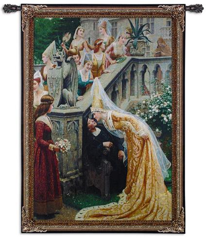 A Kiss Romantic Tapestry Wall Hanging - from a painting of Leighton, 31in x 38in