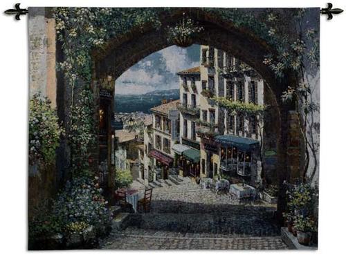 Arch de Cagnes Mediterranean Wall Tapestry - Town Scene, 53in x 46in