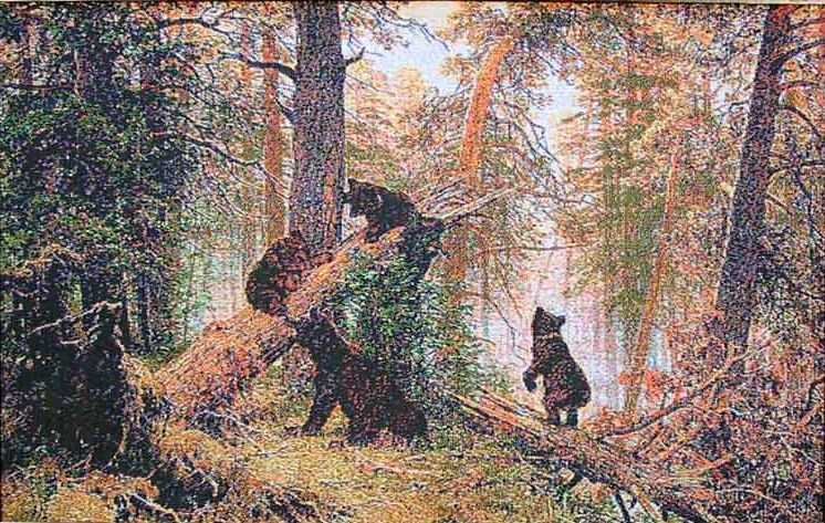 Tapestry Reproduction Morning In Pine Forest, Bear Tapestry From A Painting By Shishkin, 26in X 16in Tapestry Reproduction Morning In Pine Forest, Bear Tapestry From A Painting By Shishkin, 26in X 16in