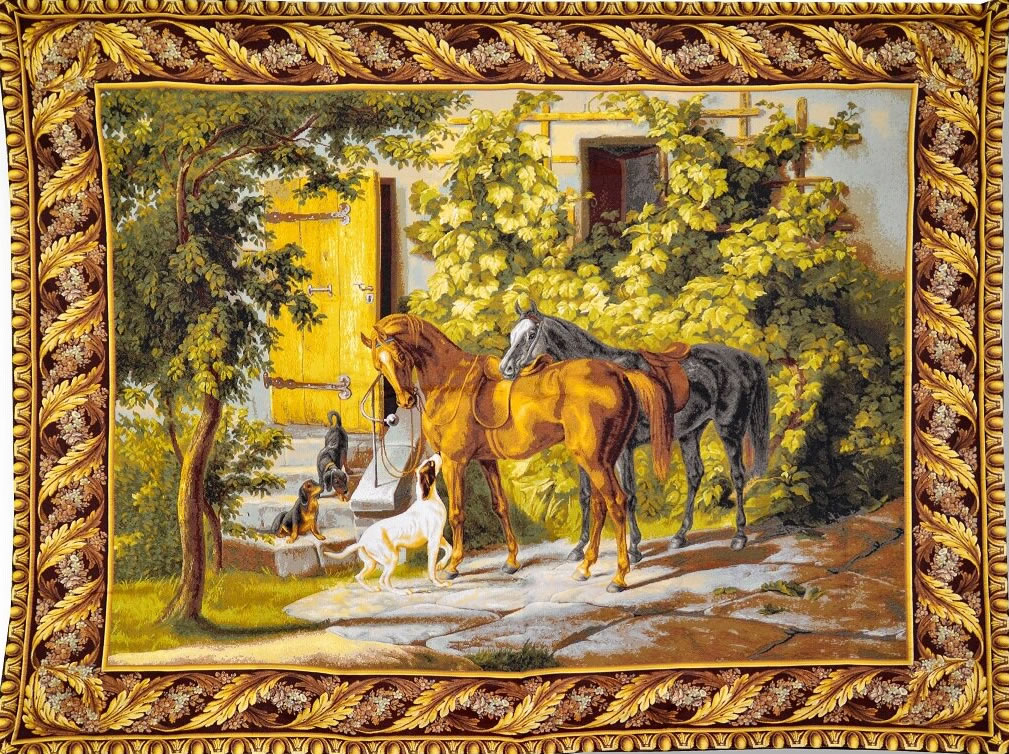 Before The Hunt Horse And Dog Tapestry Tapestry Wall Hanging, H53.2in x W70in Before The Hunt Horse And Dog Tapestry Tapestry Wall Hanging, H53.2in x W70in