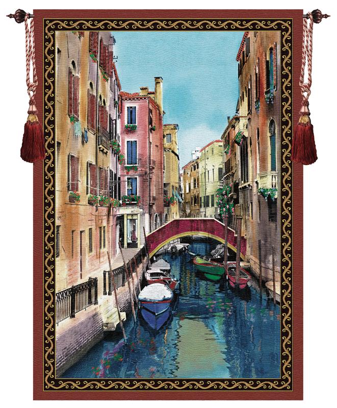 Canal With Shops Tapestry Wall Hanging - Water Front View Picture, 56in X 80in