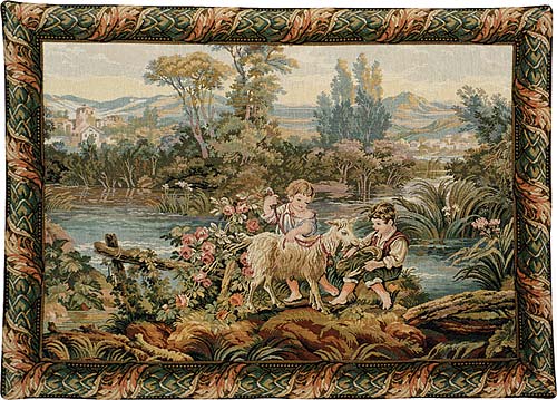Francois Boucher Tapestry Children By The Lake - Pastoral Picture, 24in X 34in