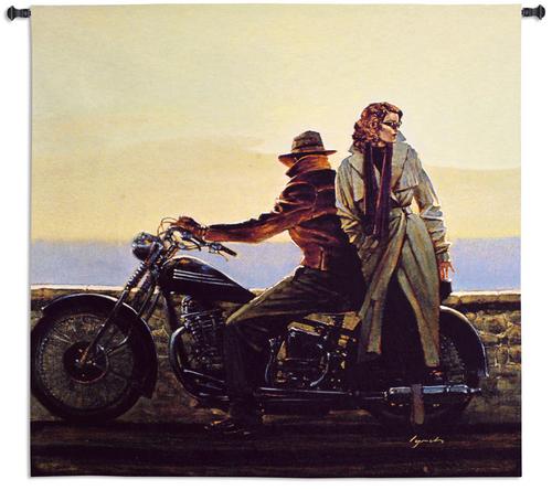 Coastal Ride Retro Styled Tapestry Wall Hanging - Man And Lady Portrait, 52in x 51in