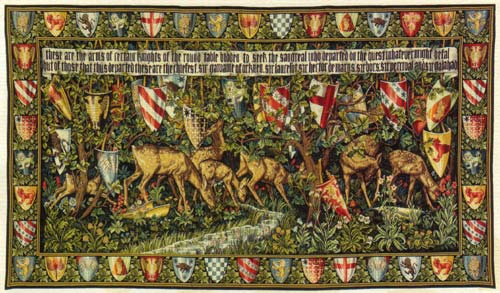 William Morris Tapestry Shields & Deer - Picture Of Medieval Knights - The Holy Grail, 27in X 48in William Morris Tapestry Shields & Deer - Picture Of Medieval Knights - The Holy Grail, 27in X 48in