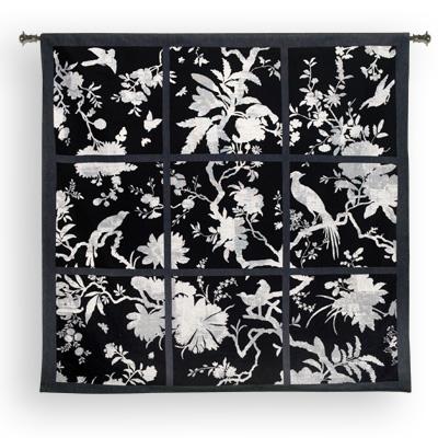 Floral Division Black / Gray Bird Wall Tapestry - Contemporary Collage With Birds, 44in x 41in