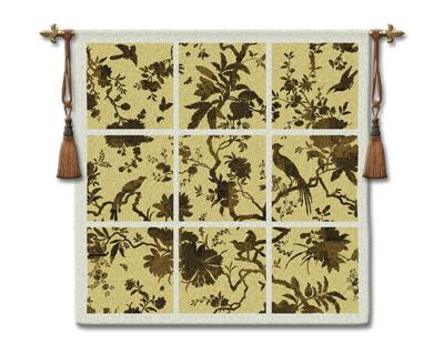 Floral Division Gold Bird Wall Tapestry - Contemporary Collage With Birds, 45in x 45in
