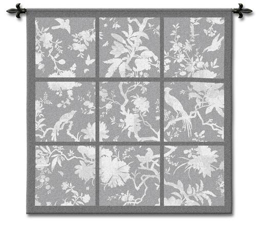 Floral Division Gray Bird Wall Tapestry - Contemporary Collage With Birds, 45in x 45in