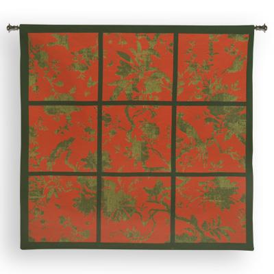 Floral Division Red / Gold / Black Bird Wall Tapestry - Contemporary Collage With Birds, 44in x 41in