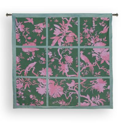 Floral Division Sage / Pink Bird Wall Tapestry - Contemporary Collage With Birds, 44in x 41in