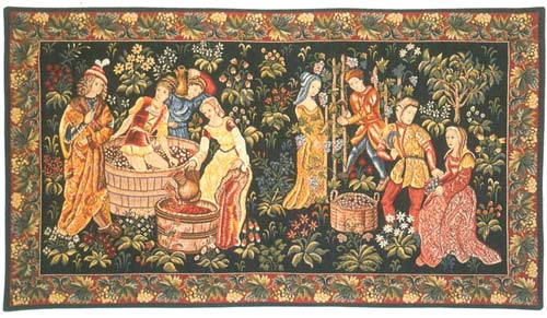 La Recolte Des Raisins Medieval Tapestry Wall Hanging - The Wine Making Scene, 26in X 50in