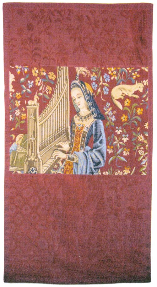 Lady With The Organ II Medieval Tapestry Wall Hanging - The Sense Of Hearing, 50in X 27in