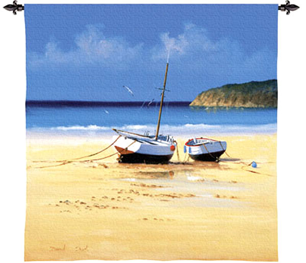 Moorings Low Tide Nautical Wall Tapestry - Boats Picture, 35in x 35in
