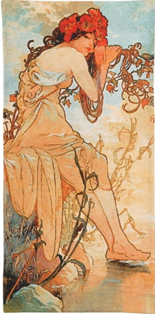 Mucha Summer Tapestry Wall Hanging - Four Seasons In Pastel Colors, 50in x 25in