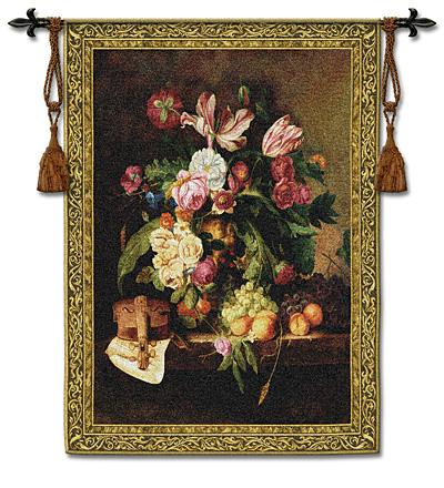 Musical Bouquet Still Life Wall Tapestry - Floral Bouquet With Fruits, 38in x 53in