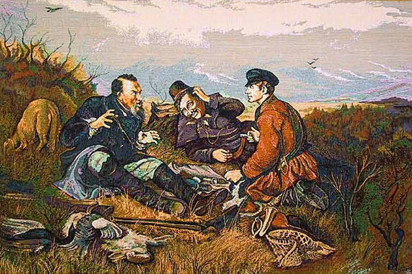 Wall Tapestry Hunters At Rest - Hunting Picture, 40in X 26in Wall Tapestry Hunters At Rest - Hunting Picture, 31in X 20in