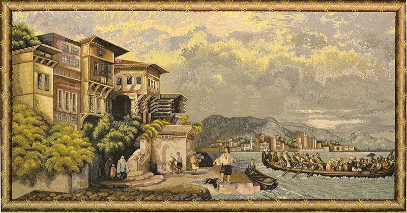 Old Port Scene V Harbour Tapestry Wall Hanging, H28inx W56in