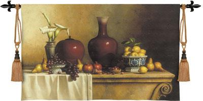 Oriental Stillife with Lilies Tapestry Wall Hanging - Fruit Picture, 53in x 34in