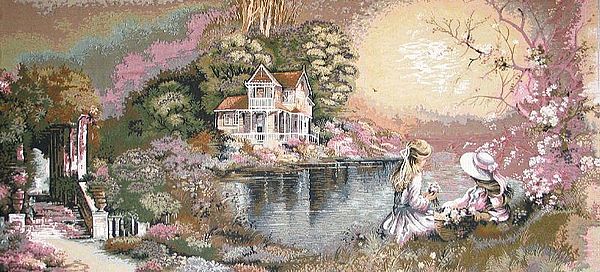 Two Young Girls By The Lake Pastoral Scene Tapestry Wall Hanging, H28in x W52in Two Young Girls By The Lake Pastoral Scene Tapestry Wall Hanging, H28in x W52in