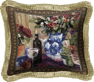 Red Roses with Wine Still Life Tapestry Cushion - Flowers & Wine Picture, 17in x 17in