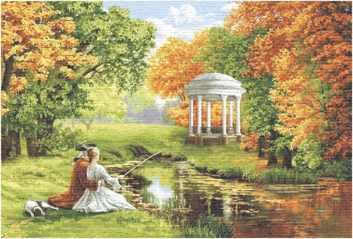Romantic Couple Fishing By The Lake Near The Gazebo Tapestry Wall Hanging, H28in x W44in