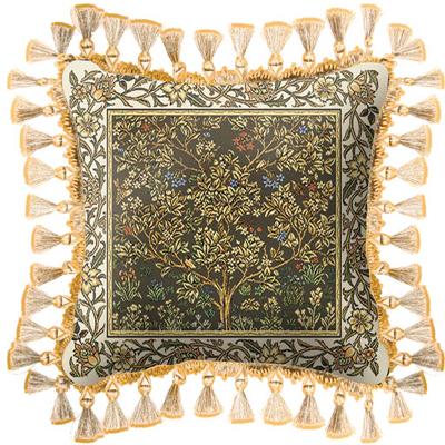 Tree of Life Umber Medieval Tapestry Cushion - Mille Fleurs Styled, 17in x 17in