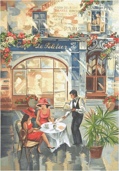 Two Ladies In Cafe Steet Scene Tapestry, H40in x W28in